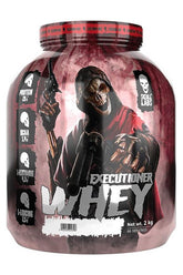Skull Labs Executioner Whey protein powder container with a striking skull design, providing 23g of protein per serving.