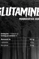 Nutrition label for Skull Labs Glutamine showing servings and ingredients, including L-glutamine and beta-glucan.