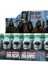 Skull Labs Skull Crusher Shot Box display featuring innovative energy drinks with 'No Risk No Fame' branding.