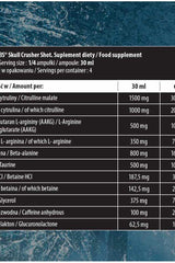 Ingredient list for Skull Labs Skull Crusher Shot Box supplement nutrition facts.