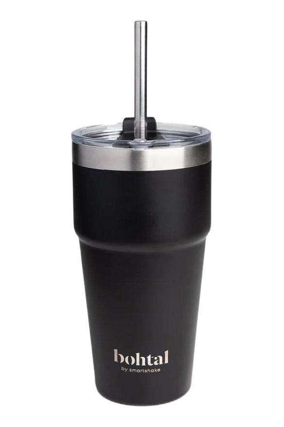 Bohtal double insulated travel mug with reusable straw, ideal for hot and cold drinks, sleek black design.