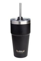 Bohtal double insulated travel mug with reusable straw, ideal for hot and cold drinks, sleek black design.