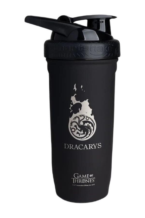 SmartShake Black Shaker Bottle featuring Dracarys design from Game of Thrones, durable and leak-proof for active lifestyles.