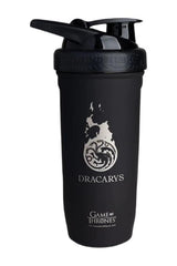 SmartShake Black Shaker Bottle featuring Dracarys design from Game of Thrones, durable and leak-proof for active lifestyles.