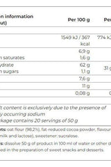 Nutrition information for Smile Crunch flavored oat flour, showing calories, nutrients per 100g and serving details.