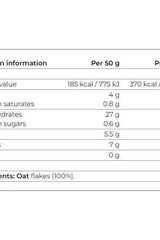 Nutrition information for Smile Crunch Natural Maxi Oat Flakes, detailed per 50g and 1000g serving.