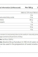 Nutrition information for Smile Crunch oat flour per 100g, detailing calories, fats, carbohydrates, and serving suggestions.