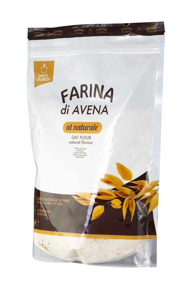 Smile Crunch natural oat flour packaging, 1000 g, showcasing nutritional benefits and essential amino acids.