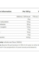 Nutrition information for Smile Crunch Whole Oat Flour, detailing calories and ingredients for healthy baking.