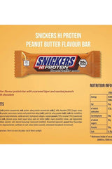 Snickers Hi Protein Bar in Peanut Butter flavor, featuring 20g protein, chocolate coating, and nutritional info.