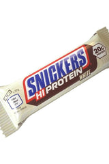 Snickers Hi Protein Bar White packaging showing 20g protein and nutritional information, ideal for athletes.