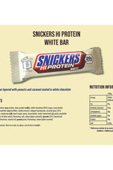 Snickers Hi Protein White Bar packaging displaying 20g protein, nutritional info, and ingredients.