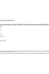 Nutritional information for Snickers Protein Powder White Chocolate Caramel & Peanut per 35g serving.
