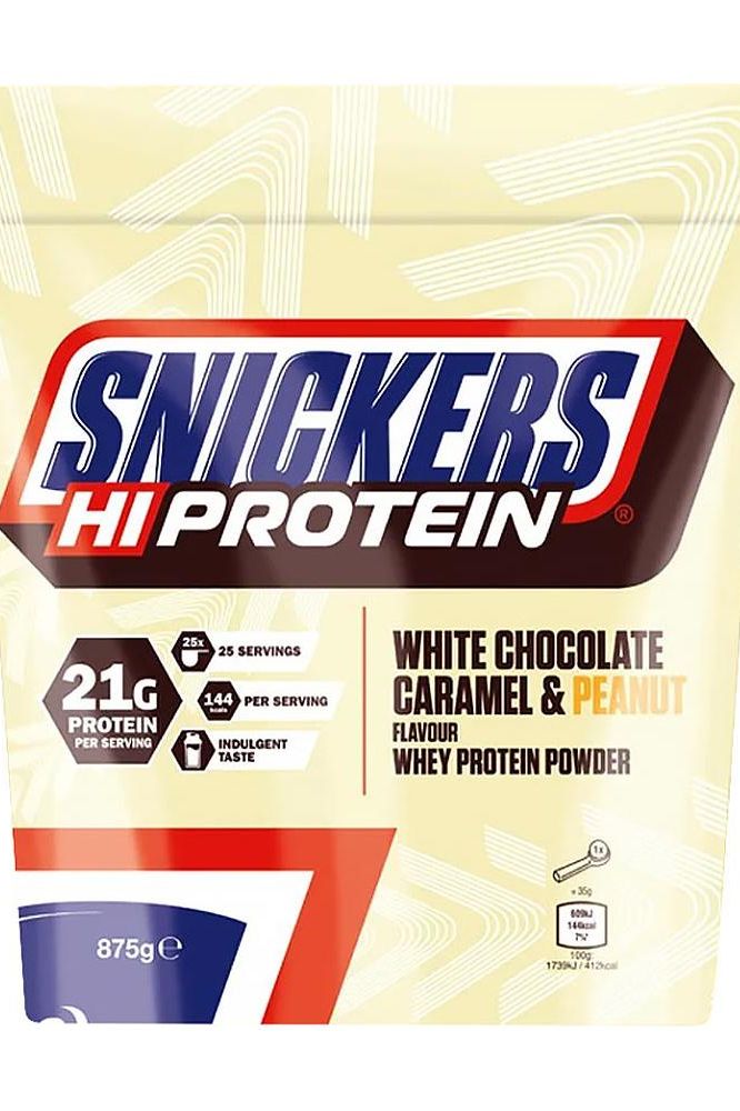 Snickers HiProtein 875g White Chocolate Caramel & Peanut whey protein powder packaging.