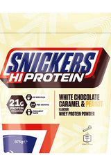 Snickers HiProtein 875g White Chocolate Caramel & Peanut whey protein powder packaging.