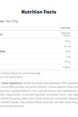 Nutrition facts for Snickers White High Protein Bar, including calories, protein, and ingredients.