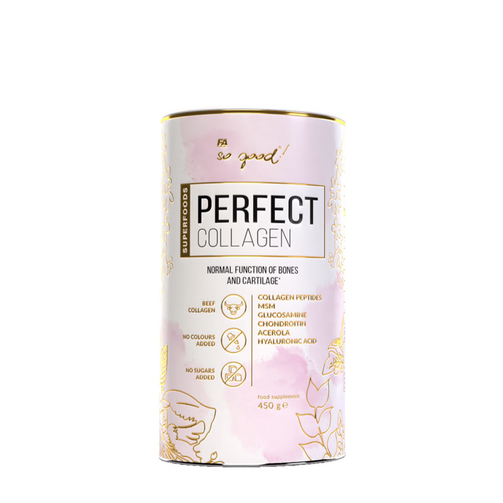 FA Perfect Collagen powder container for joint health, featuring natural ingredients and no added sugars.