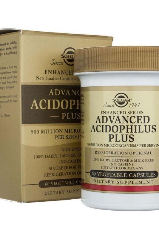 Solgar Advanced Acidophilus Plus 60 capsules, probiotic supplement for healthy digestion and gut flora support.