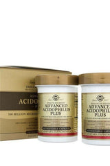 Solgar Advanced Acidophilus Plus dietary supplement with probiotic strains in a jar.