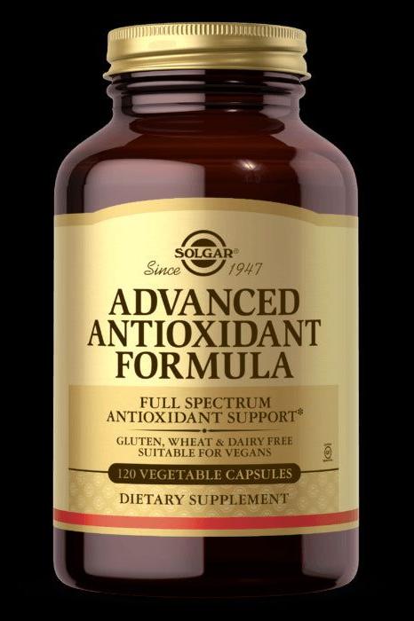 Solgar Advanced Antioxidant Formula bottle with 120 vegetable capsules, dietary supplement for antioxidant support.