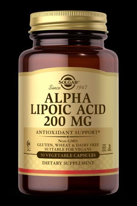 Solgar Alpha Lipoic Acid 200 mg dietary supplement in a brown bottle with 50 vegetable capsules.
