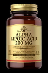 Solgar Alpha Lipoic Acid 200 mg dietary supplement in a brown bottle with 50 vegetable capsules.