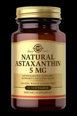Solgar Natural Astaxanthin 5 mg supplement bottle with 30 softgels, supports healthy skin and immune health.