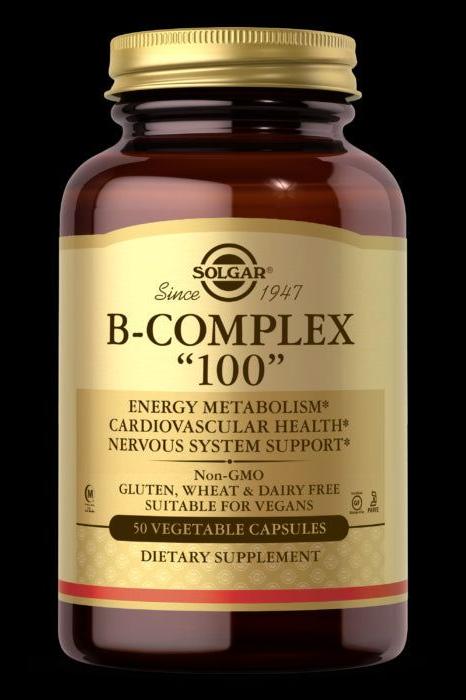 Solgar B-Complex 100 dietary supplement bottle with key benefits for energy metabolism and cardiovascular health.