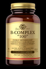 Solgar B-Complex 100 dietary supplement bottle with key benefits for energy metabolism and cardiovascular health.