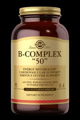Solgar B-Complex 50 dietary supplement bottle for energy metabolism and nervous system support, 250 vegetable capsules.