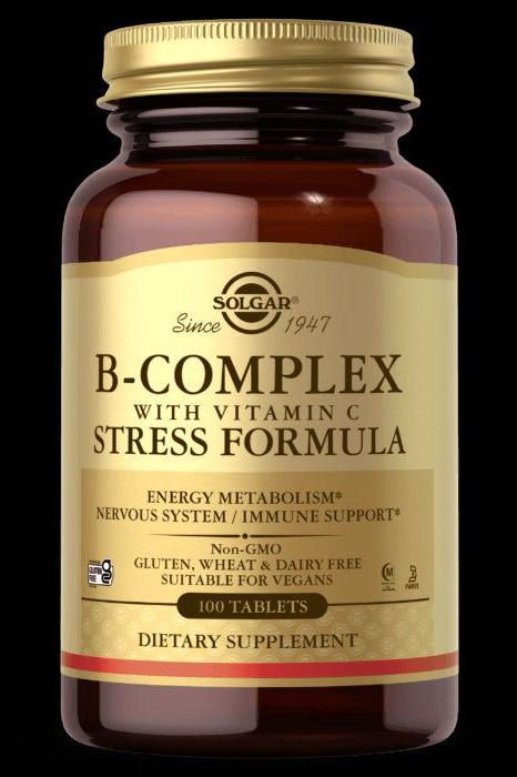 Solgar B-Complex with Vitamin C dietary supplement bottle, 100 tablets for energy metabolism and immune support.