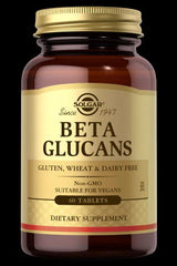 Solgar Beta Glucans dietary supplement bottle with 60 tablets, gluten, wheat, and dairy free, suitable for vegans.