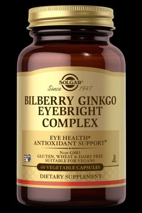 Solgar Bilberry Ginkgo Eyebright Complex bottle for eye health, containing 60 vegetable capsules.