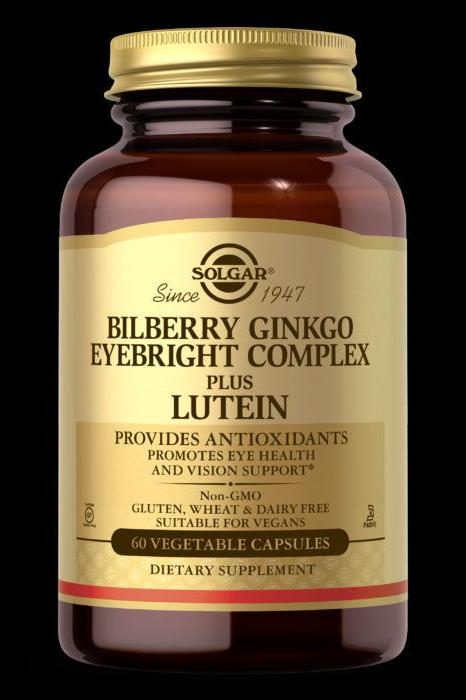 Solgar Bilberry Ginkgo Eyebright Complex Plus Lutein, 60 vegetable capsules for eye health and antioxidants.