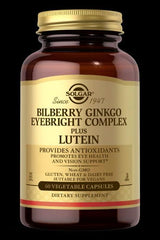 Solgar Bilberry Ginkgo Eyebright Complex Plus Lutein, 60 vegetable capsules for eye health and antioxidants.