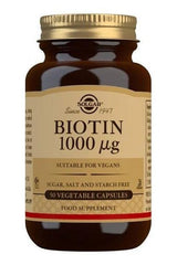 Solgar Biotin 1000 mcg supplement bottle with 50 vegan capsules for healthy hair and skin.