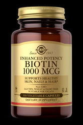 Solgar Biotin 1000 MCG dietary supplement for healthy skin, hair, and nails in a 100 vegetable capsule bottle.