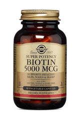 Solgar Biotin 5000 mcg supplement, 50 vegetable capsules for healthy skin, hair, and nails.