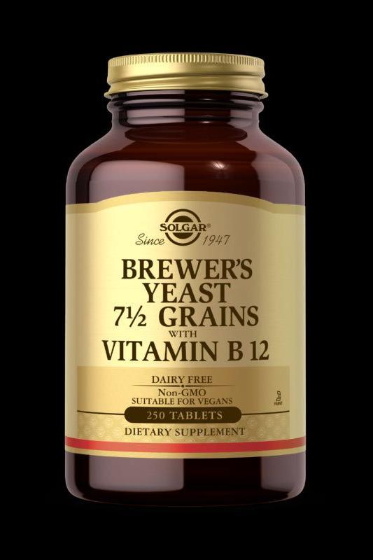 Solgar Brewer's Yeast 7 1/2 Grains with Vitamin B12, dietary supplement in a bottle, 250 tablets, non-GMO, dairy-free.