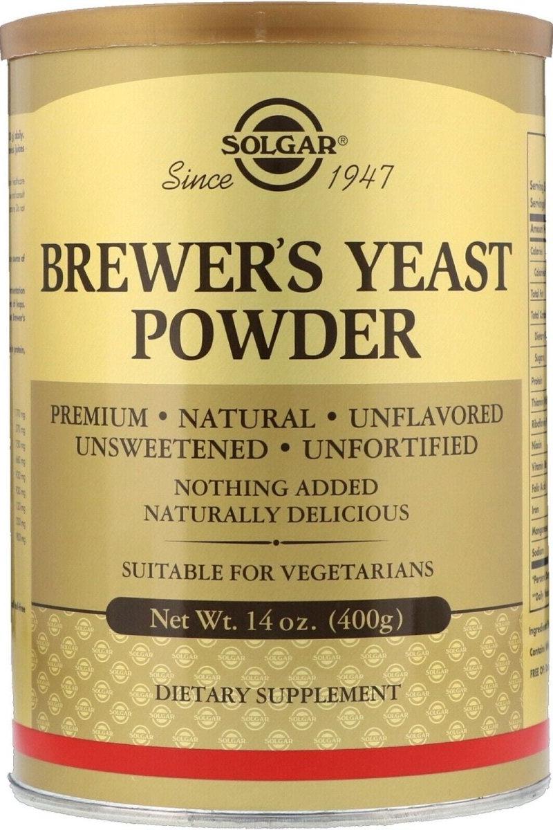 Solgar Brewer's Yeast Powder 400g, natural dietary supplement, rich in B-vitamins and amino acids, suitable for vegetarians.