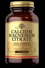 Solgar Calcium Magnesium Citrate supplement bottle, 100 tablets, non-GMO, gluten-free, suitable for vegans.