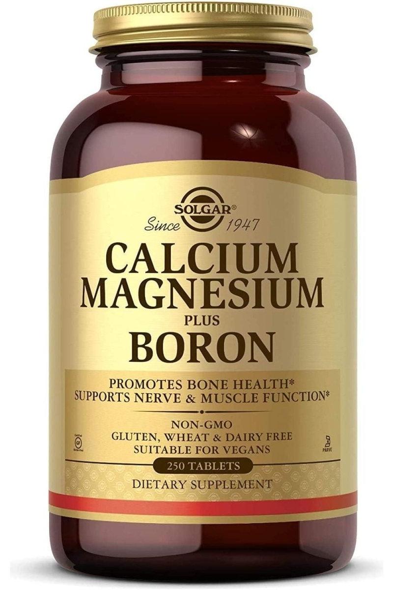 Solgar Calcium Magnesium Plus Boron supplements for bone health and muscle function, 250 tablets, non-GMO and vegan.