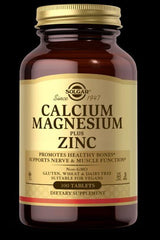 Solgar Calcium Magnesium Plus Zinc supplement bottle, 100 tablets for bone and muscle support, non-GMO and vegan-friendly.