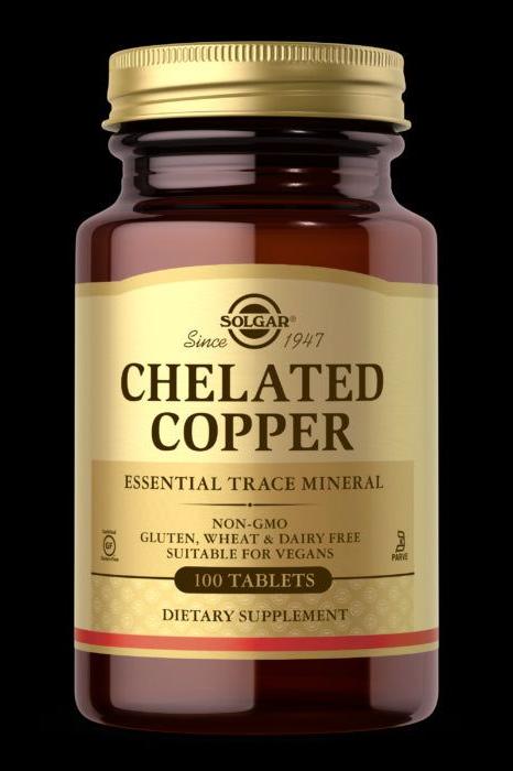 Solgar Chelated Copper supplement bottle, containing 100 tablets, promotes healthy skin and immune function.