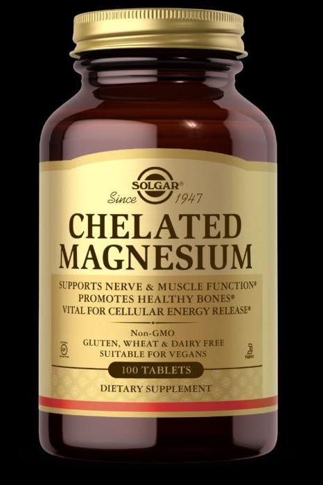 Solgar Chelated Magnesium supplement bottle, supports nerve & muscle function, 100 tablets.