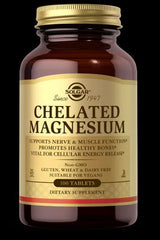 Solgar Chelated Magnesium supplement bottle, supports nerve & muscle function, 100 tablets.
