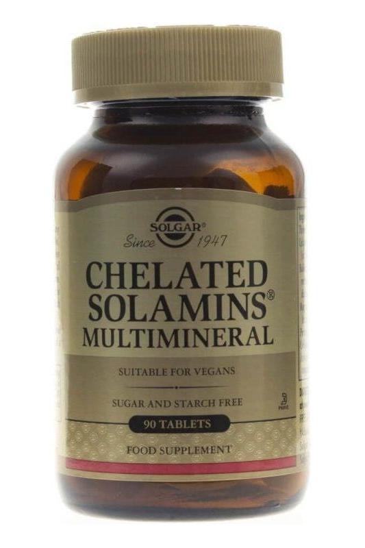 Solgar Chelated Solamins Multimineral supplement bottle with 90 tablets, supports bone health and immune function.