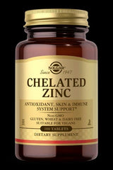 Solgar Chelated Zinc dietary supplement bottle for immune support, 100 tablets, non-GMO and vegan friendly.