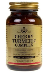 Solgar Cherry Turmeric Complex supplement bottle with 60 vegetable capsules, vegan-friendly and sugar-free.