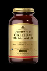 Solgar Chewable Calcium 500 Mg Wafer jar, promoting musculoskeletal health, 120 vegan-friendly wafers.